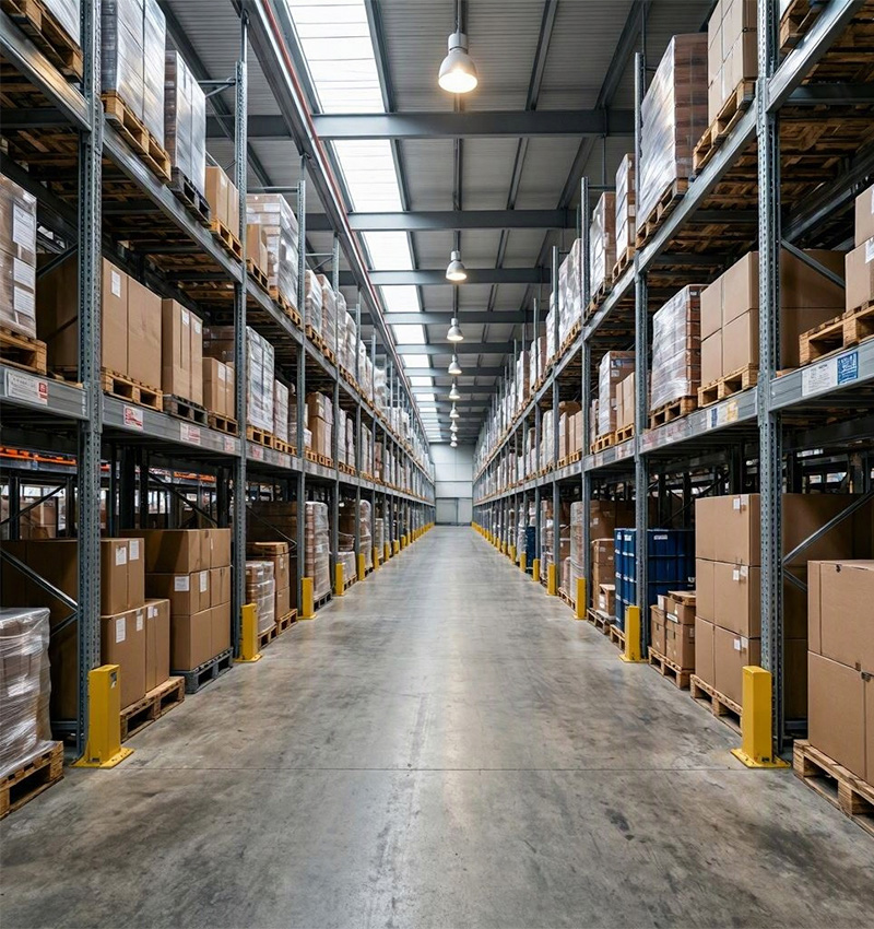 Industrial warehouse with organized racks of components and polymers