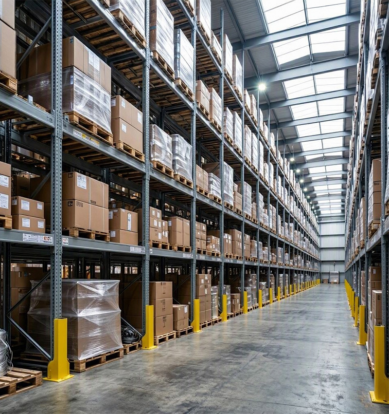 Shelves with packaged everyday consumer goods in a wholesale warehouse